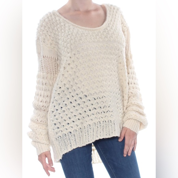 Free People chunky knit cream colored long sleeve sweater multiple patterns Sz M - Picture 2 of 14